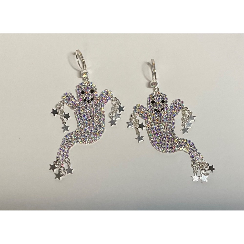 SIGN KIRKS FOLLY GHOST STARS PIERCED DANGLE EARRINGS HALLOWEEN 3"Hang SILVERTONE